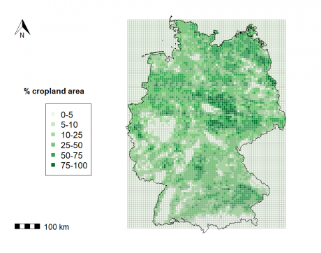 CLM5.0-Gitter über Deutschland mit Anteil der Ackerfläche ("cropland area")